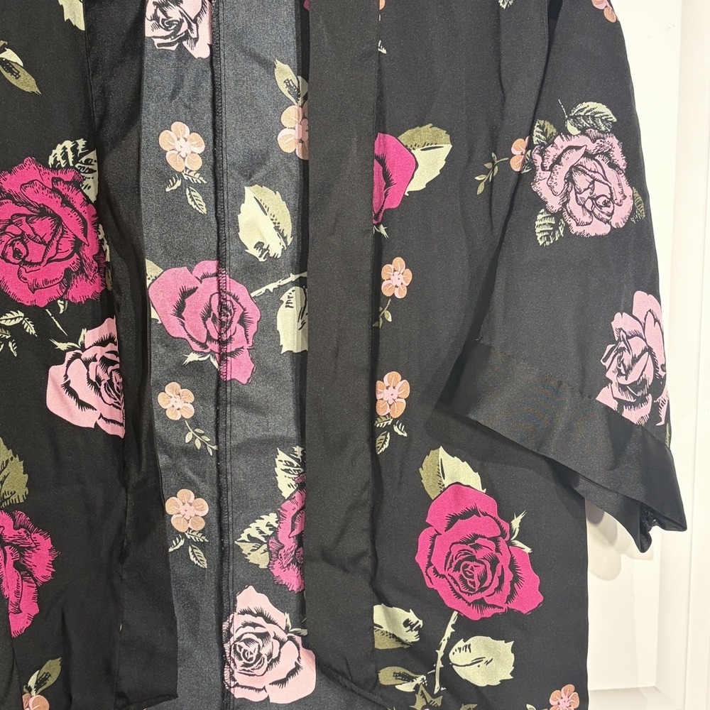 Rue21 Black Pink Rose Floral Boho Y2K Chiffon Kimono Cardigan Size S/M